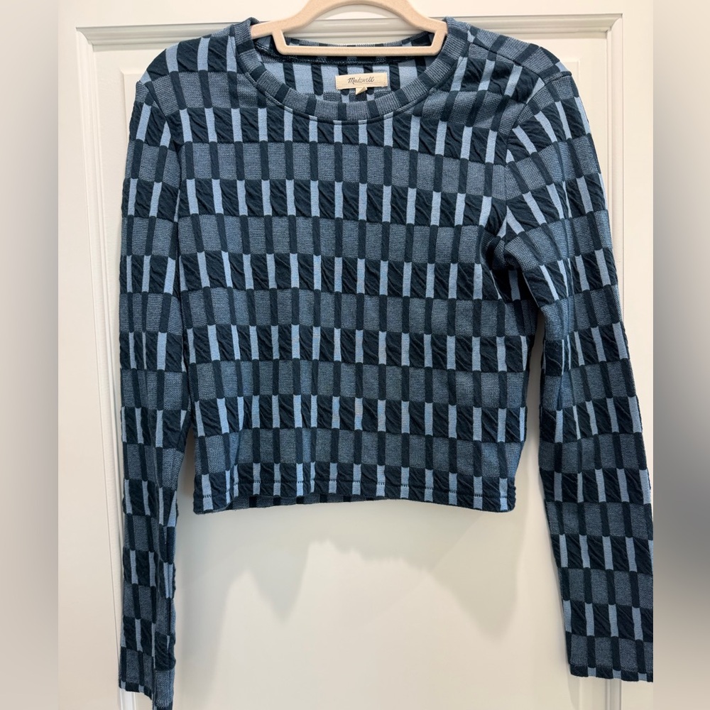 Blue Checkered Long Sleeve Crop Top